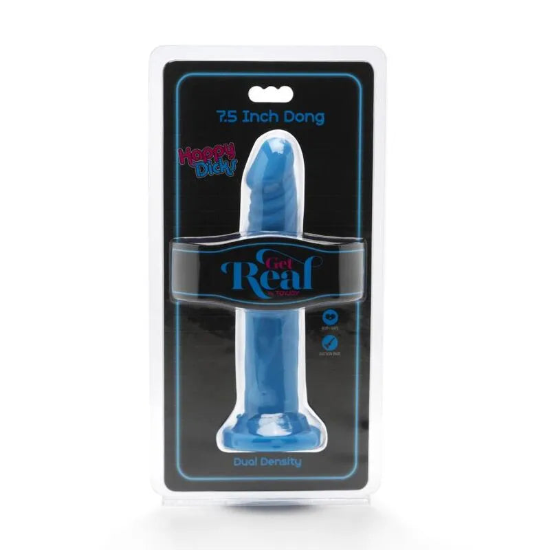Dong réaliste bleu 19 cm avec ventouse, texture détaillée, emballage Get Real, PVC doux et durable, expérience authentique.