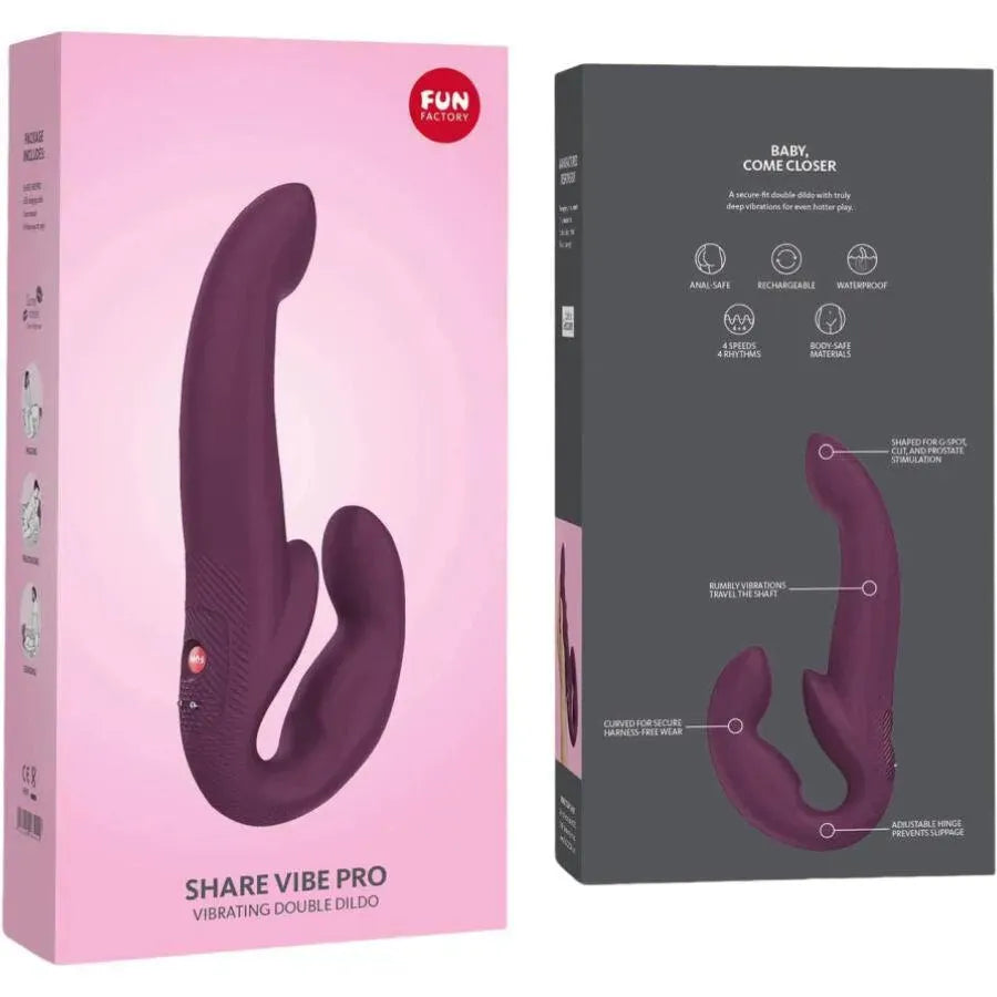 Double gode vibrant violet sans harnais, design ergonomique, écologique, sur fond blanc avec emballage illustré.