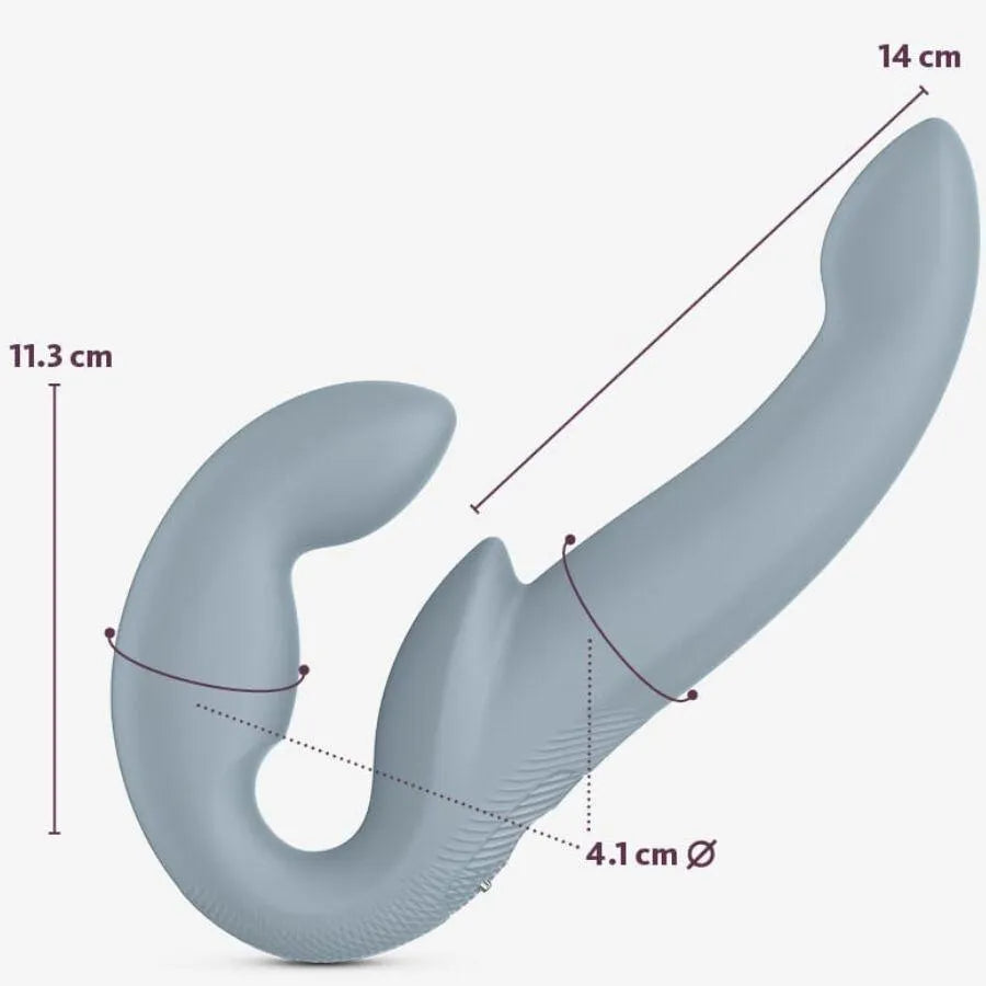Double gode vibrant sans harnais écologique, gris, design ergonomique, extrémités texturées, dimensions indiquées.