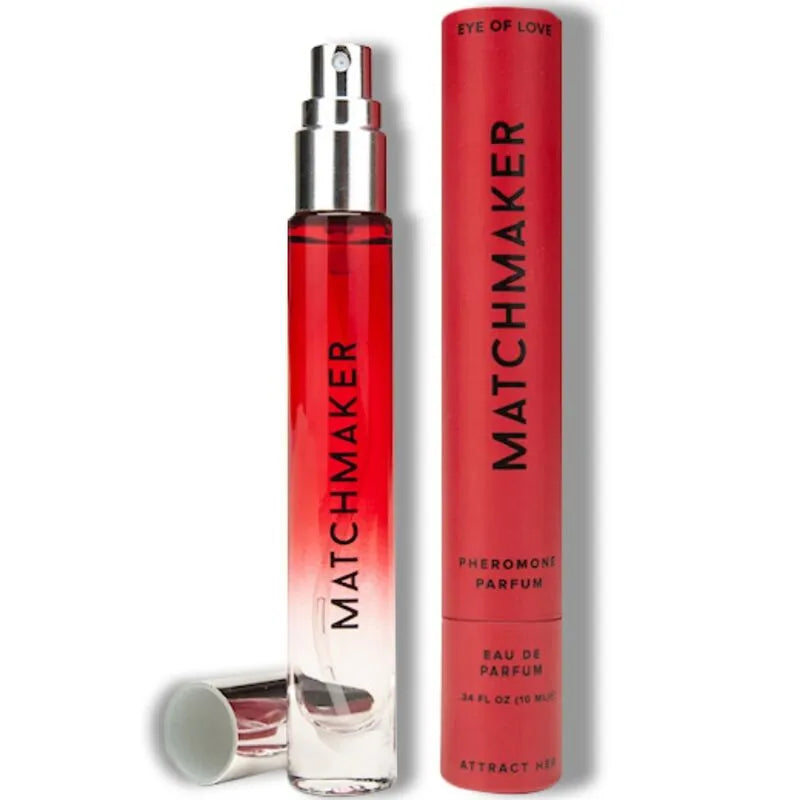 Flacon rouge de parfum aux phéromones Jasmin Pamplemousse, design élégant avec vaporisateur argenté, boîte assortie.