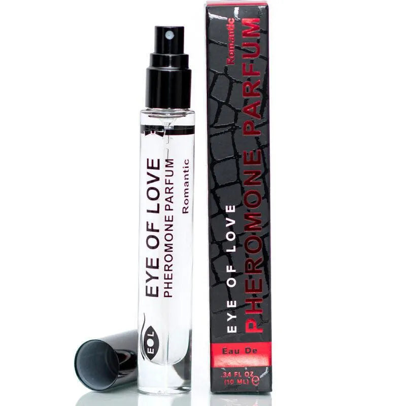 Flacon transparent d'Eau De Cologne Phéromone Romantique Pour Homme, design moderne, boîte noire et rouge élégante.