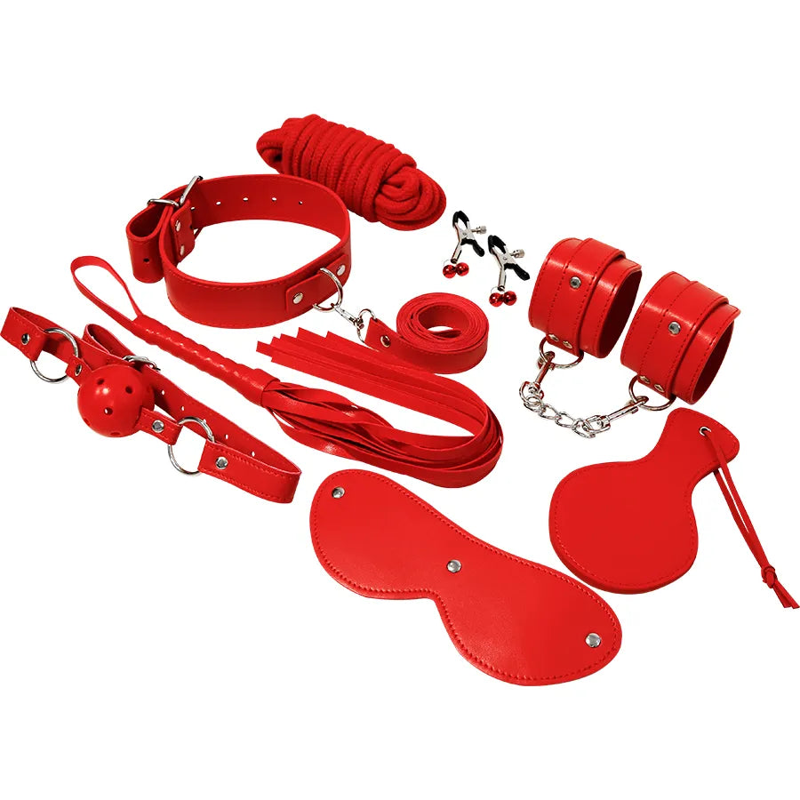 Ensemble bondage rouge en cuir synthétique avec menottes, masque, corde et accessoires BDSM pour débutants et avancés.
