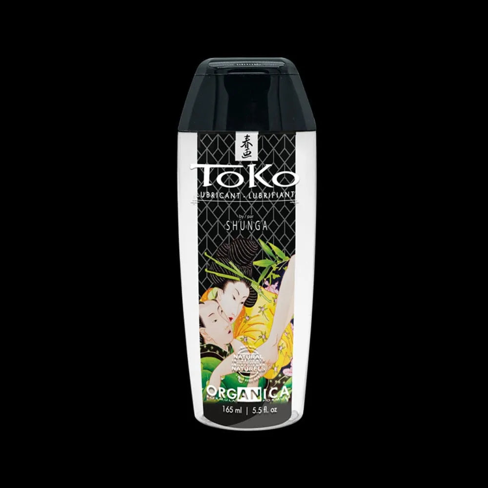 Flacon noir et blanc de lubrifiant bio Shunga, inspiré des jardins japonais Edo, avec illustration artistique colorée.