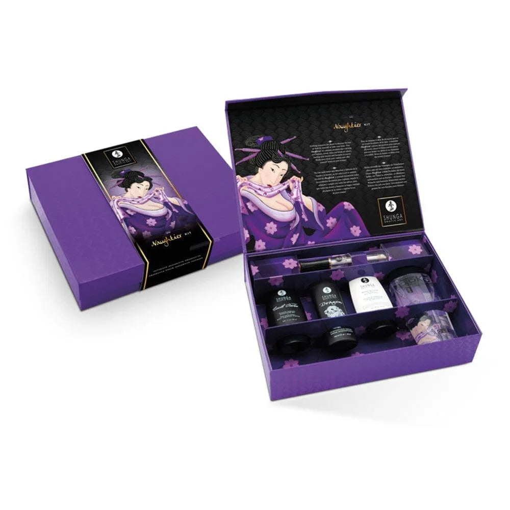 Ensemble coquin violet pour couples, boîte ouverte avec accessoires sensuels, design élégant et raffiné.