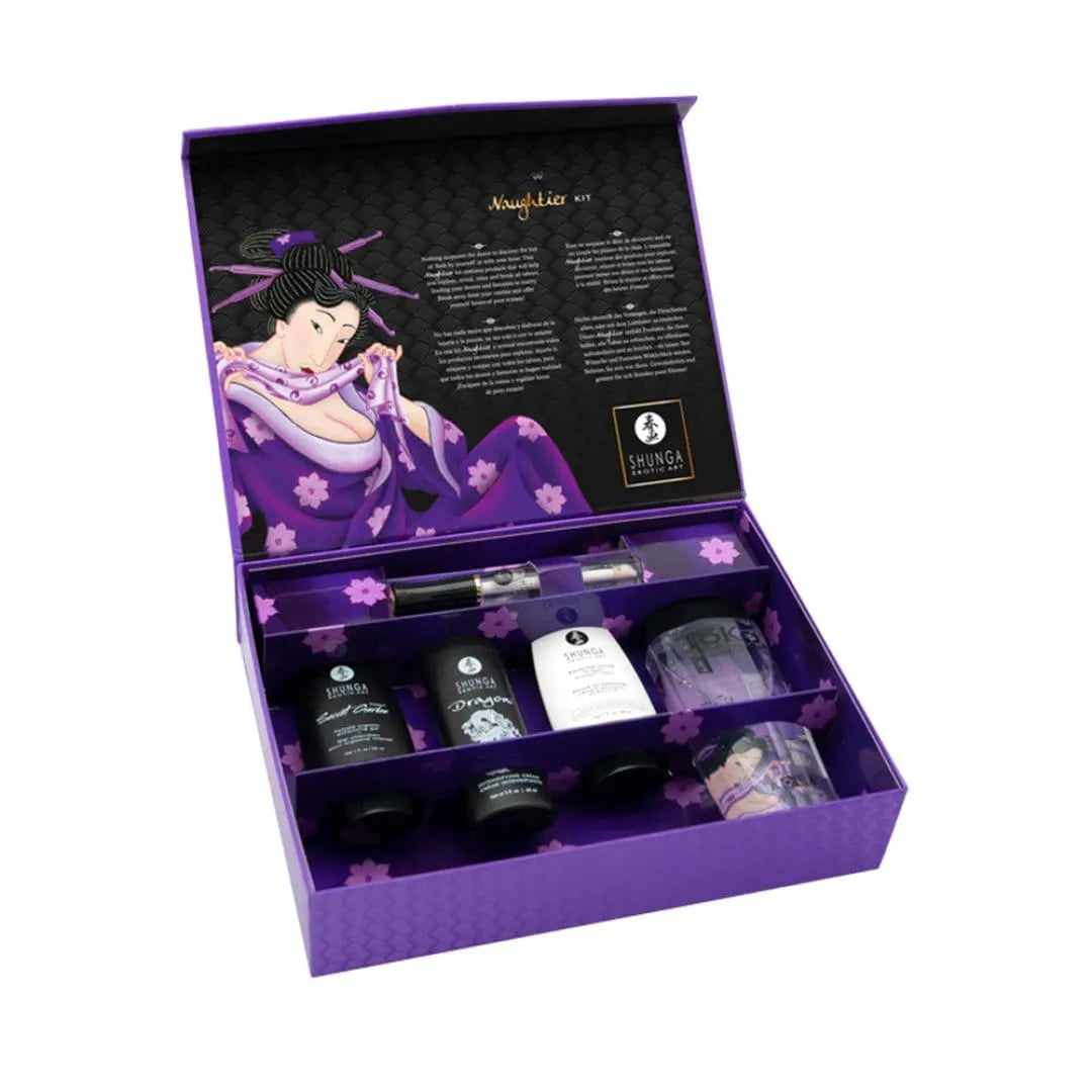 Ensemble coquin violet pour couples explorateurs avec sextoys et accessoires sensuels dans une boîte élégante.