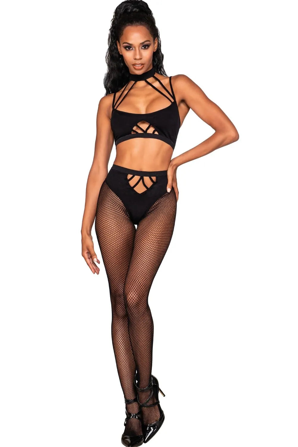 Ensemble de nuit femme chic noir, brassière à lanières dos nu, collants avec string intégré, 85% Nylon, 15% Spandex.