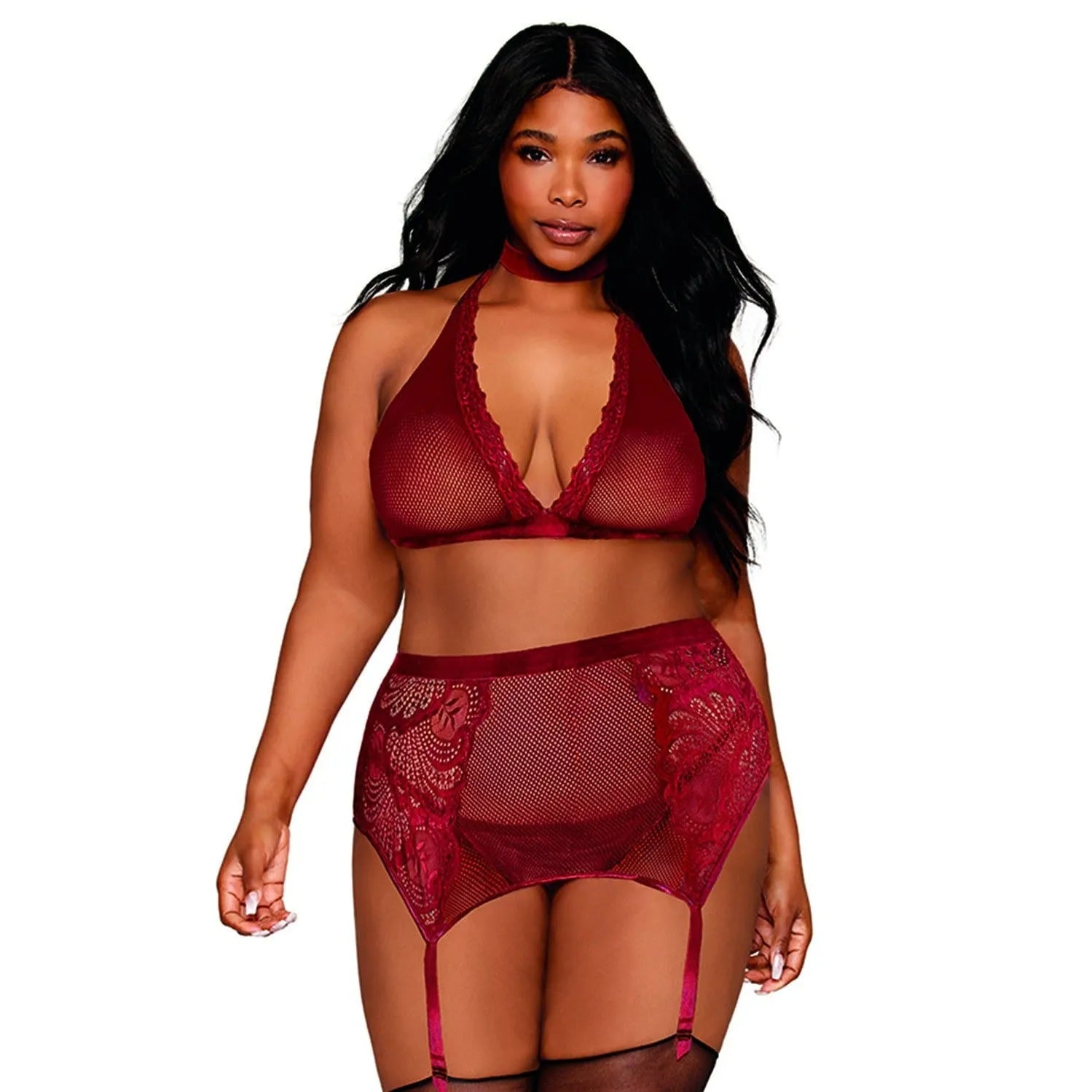 Ensemble Grande Taille Résille Dentelle Rouge