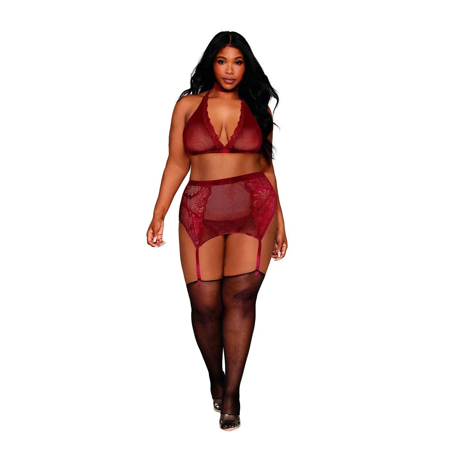 Ensemble lingerie grande taille rouge bordeaux en résille et dentelle, avec porte-jarretelles et tour de cou en velours.