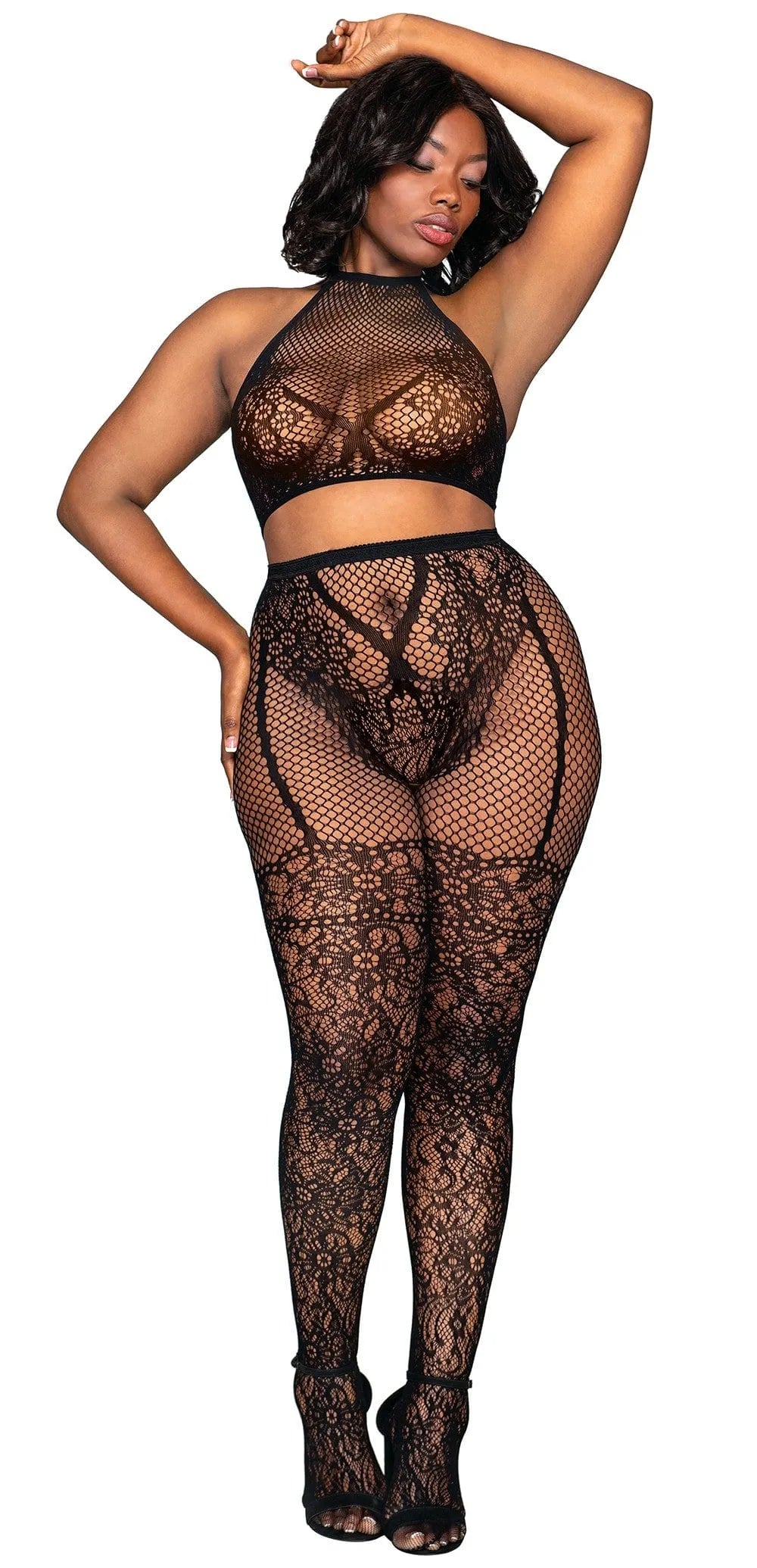 Ensemble lingerie dentelle noire grande taille Dreamgirl, brassière résille, collants jarretières et cuissardes en dentelle.