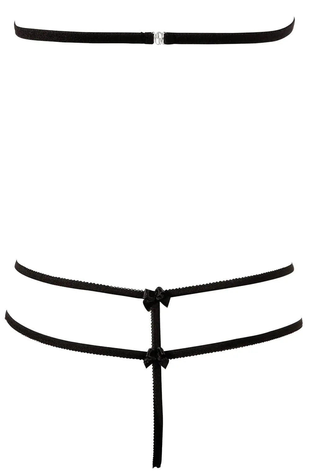 Ensemble lingerie noir en dentelle florale avec soutien-gorge souple et string ouvert, détails satinés et bretelles réglab...