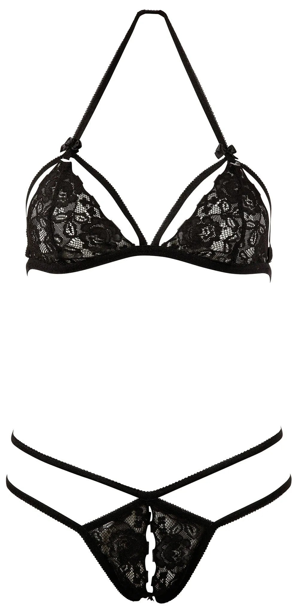 Ensemble lingerie noir en dentelle florale, soutien-gorge souple, bretelles réglables, string ouvert, rubans satinés.