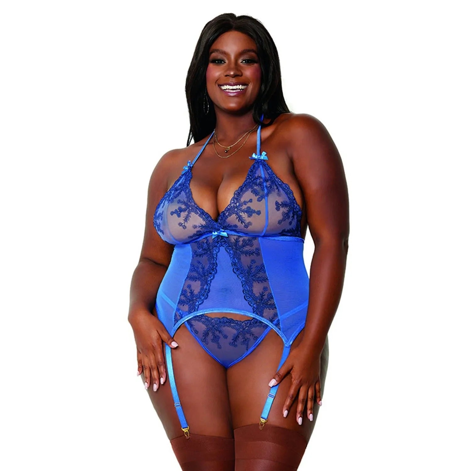 Ensemble Lingerie Grande Taille Bleu En Résille Et Dentelle