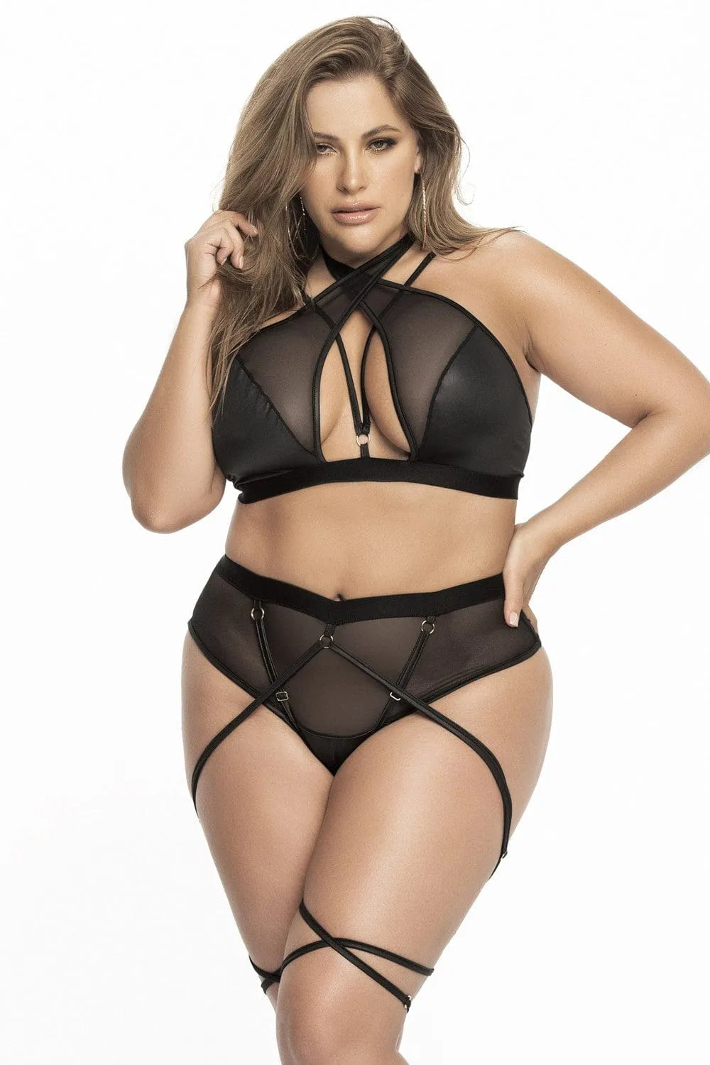 Ensemble Lingerie Grande Taille Résille Noire Transparente