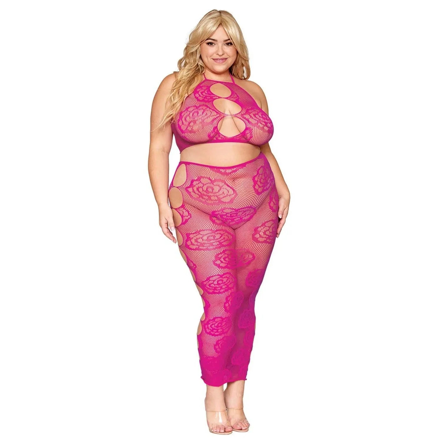 Ensemble Lingerie Grande Taille Résille Rose Dos Nu