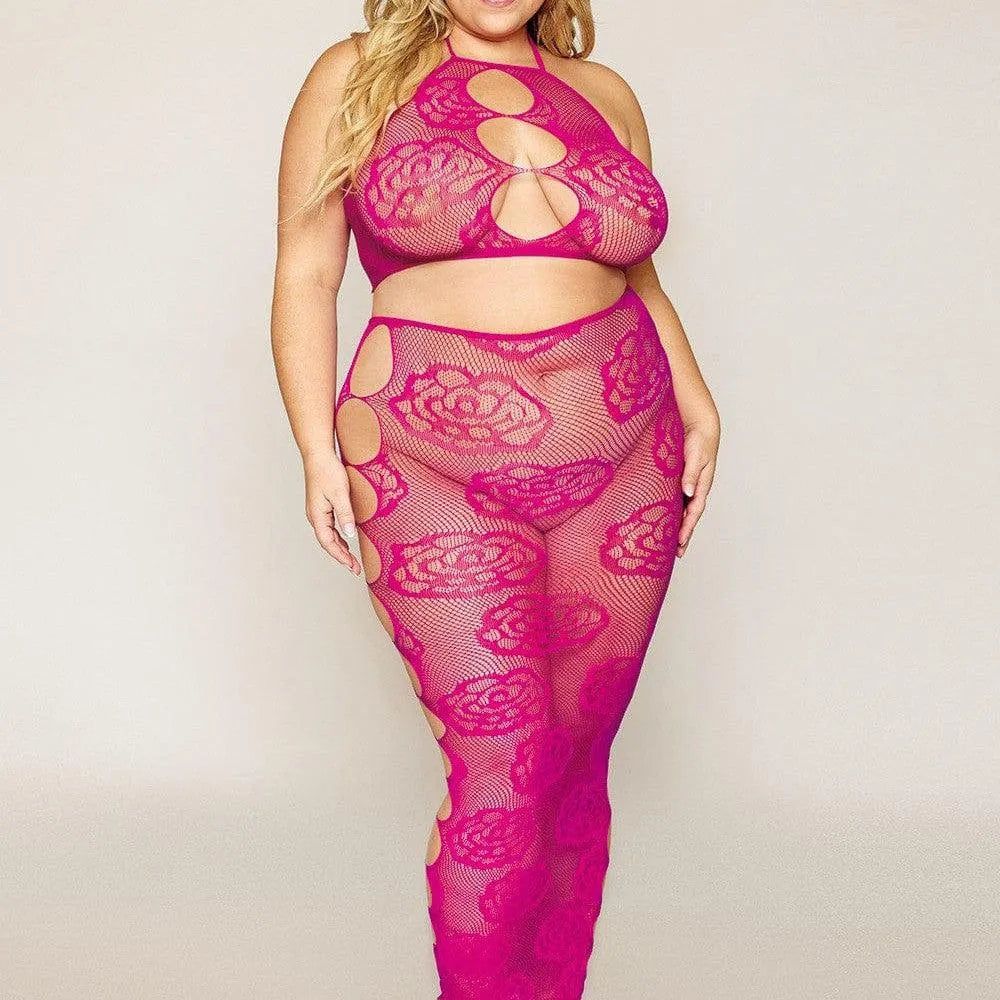 Ensemble Lingerie Grande Taille Résille Rose Dos Nu