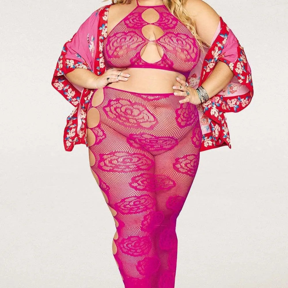 Ensemble Lingerie Grande Taille Résille Rose Dos Nu