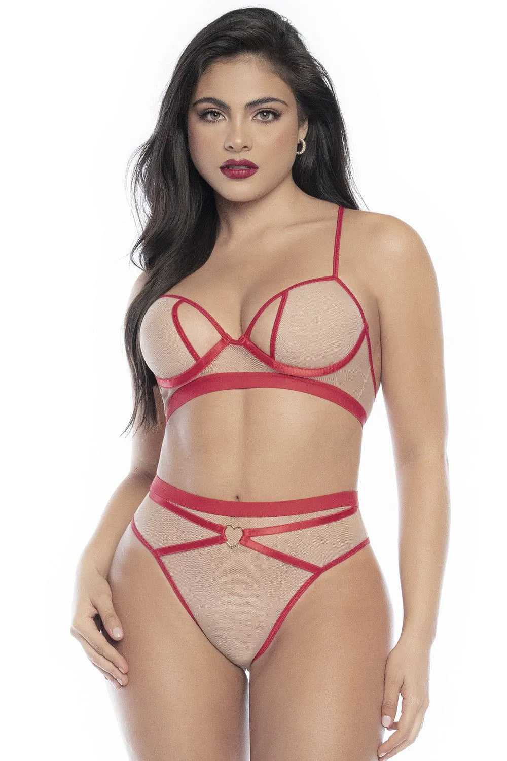 Ensemble Lingerie Résille Chair Coutures Rouges