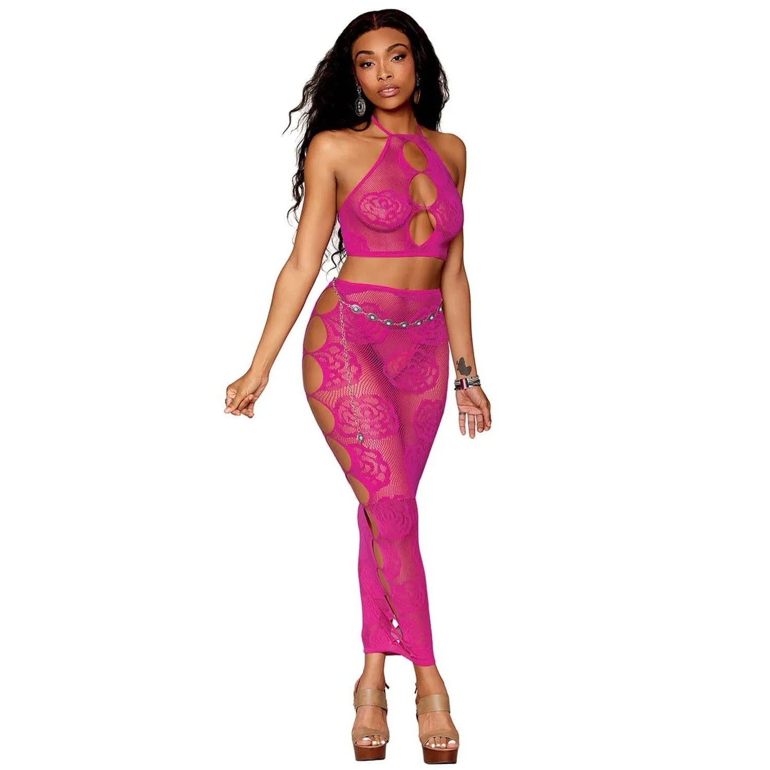 Ensemble Lingerie Résille Fille Rose Dos Nu