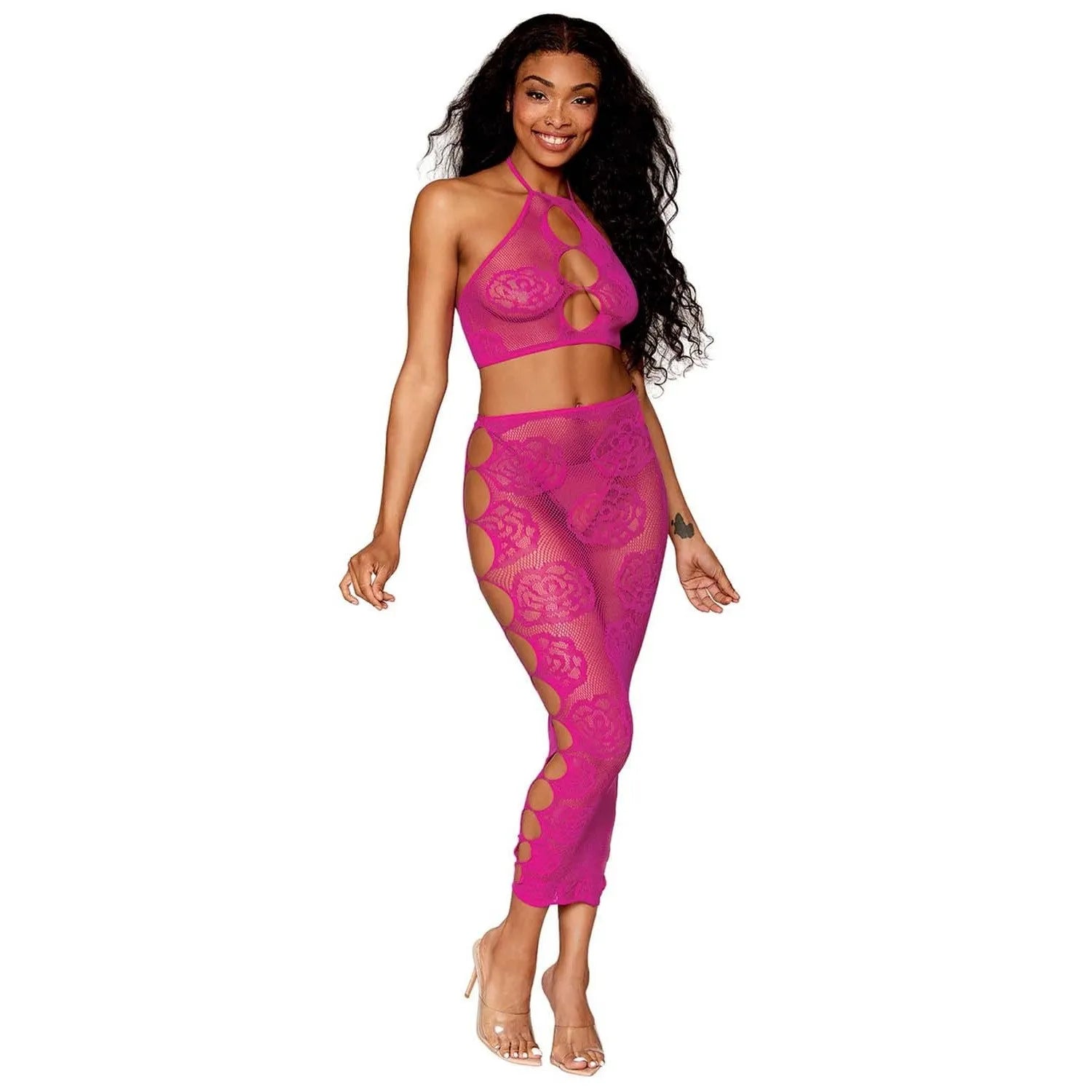 Ensemble Lingerie Résille Fille Rose Dos Nu