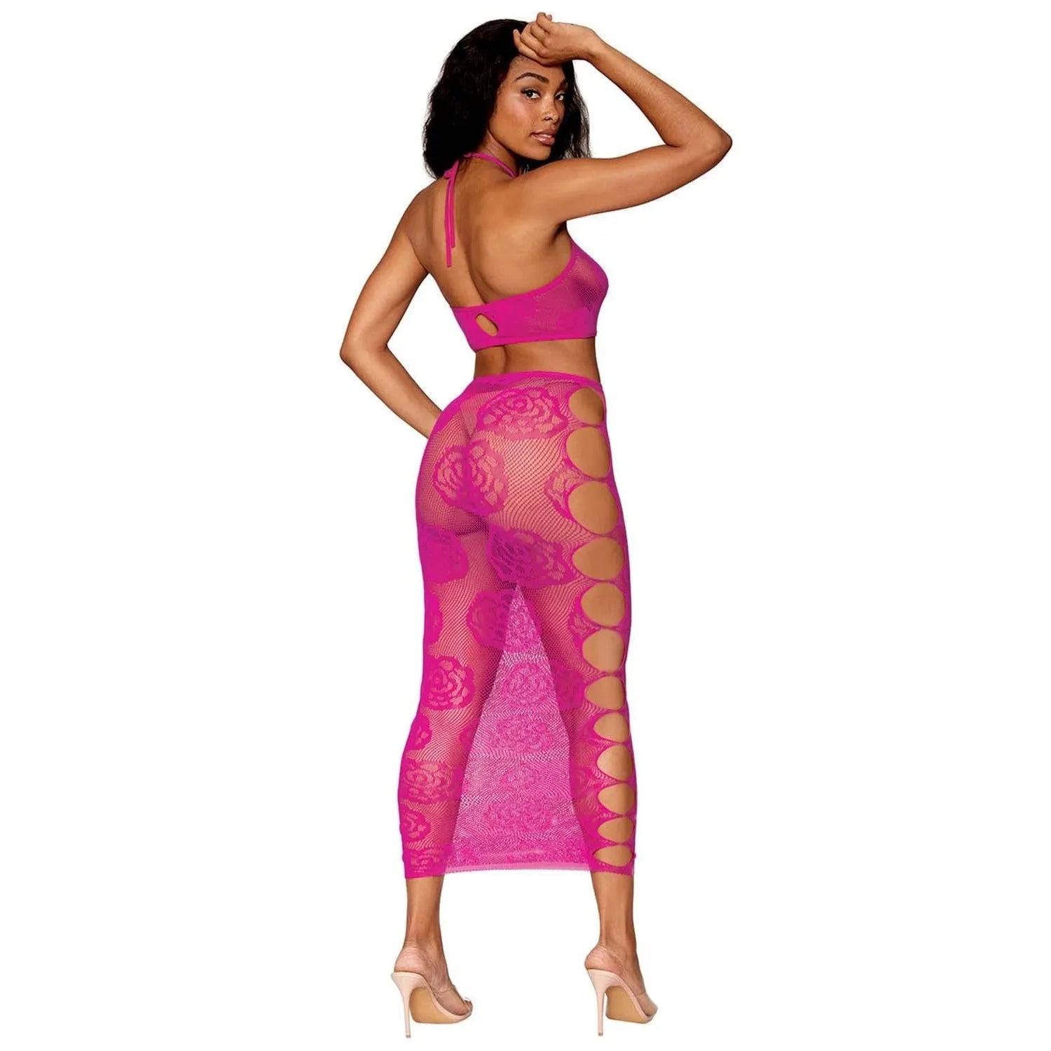 Ensemble lingerie résille rose dos nu, soutien-gorge bandeau et jupe longue motifs séduisants, élégance et confort.