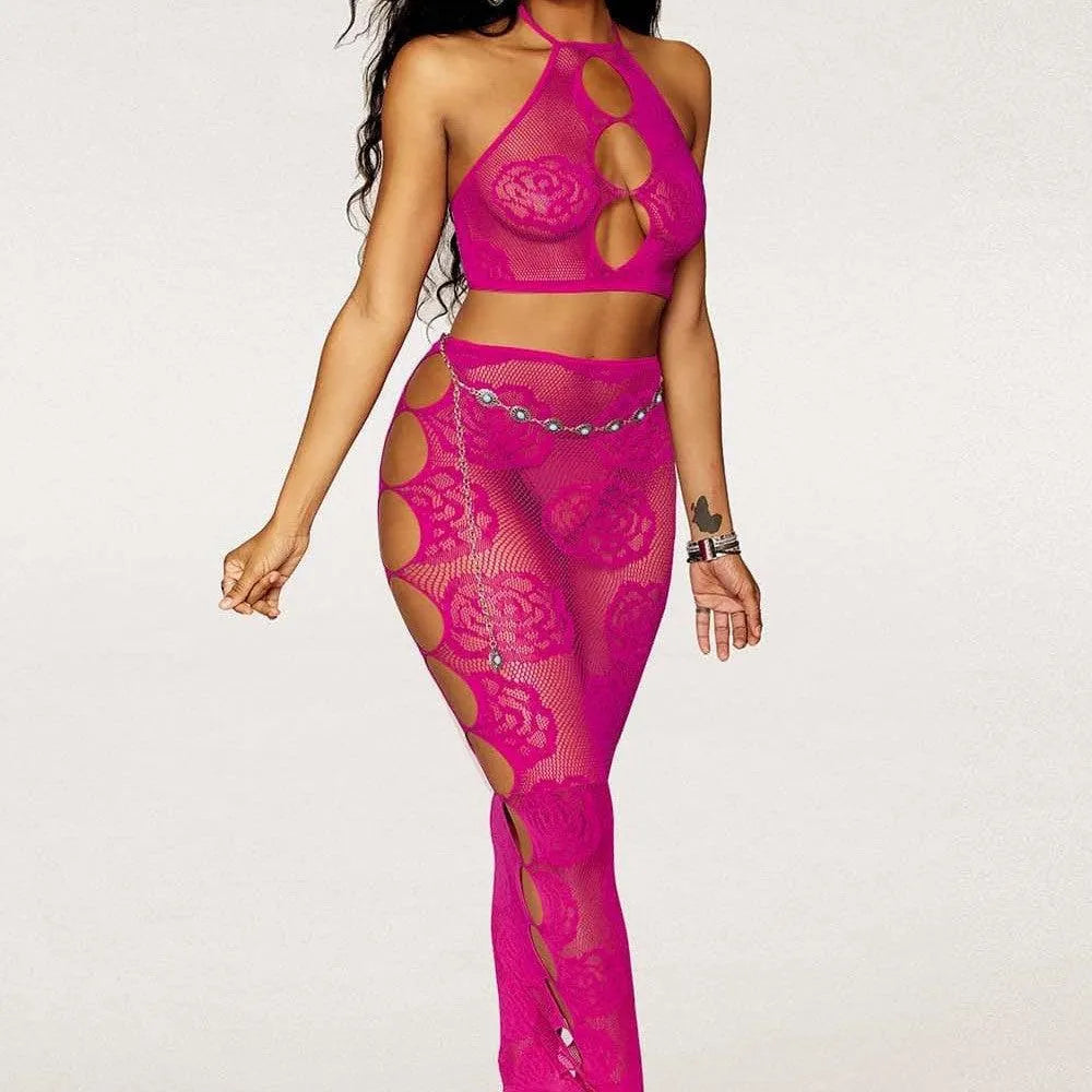 Ensemble lingerie résille rose dos nu, soutien-gorge bandeau, jupe longue motifs séduisants, élégant et confortable.