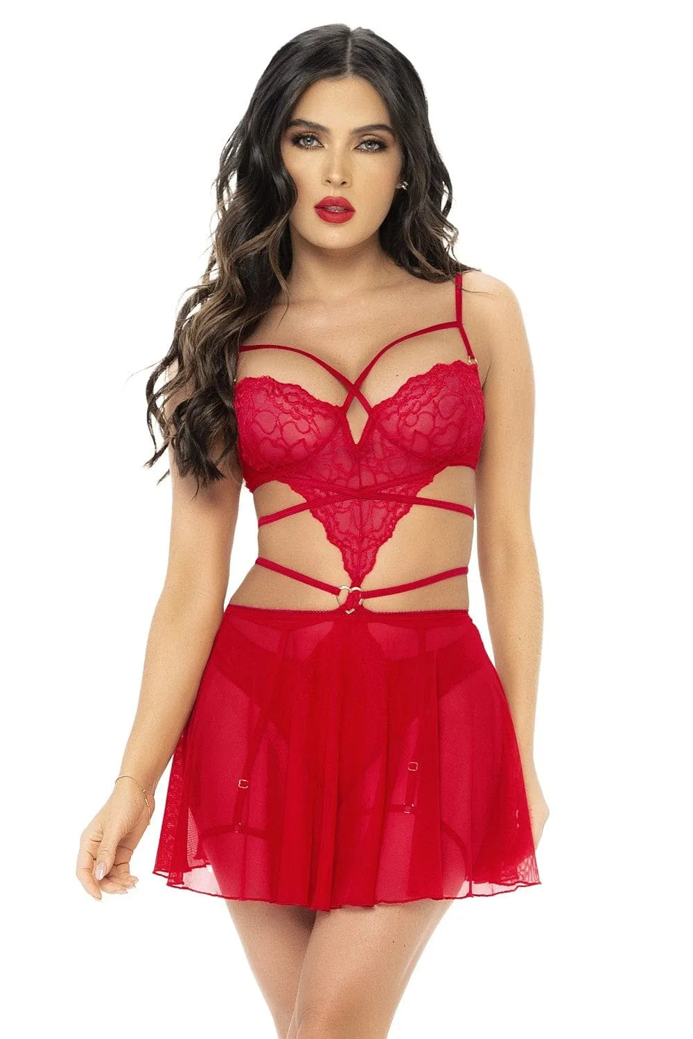 Ensemble Lingerie Rouge 2 En 1 Avec Jupette