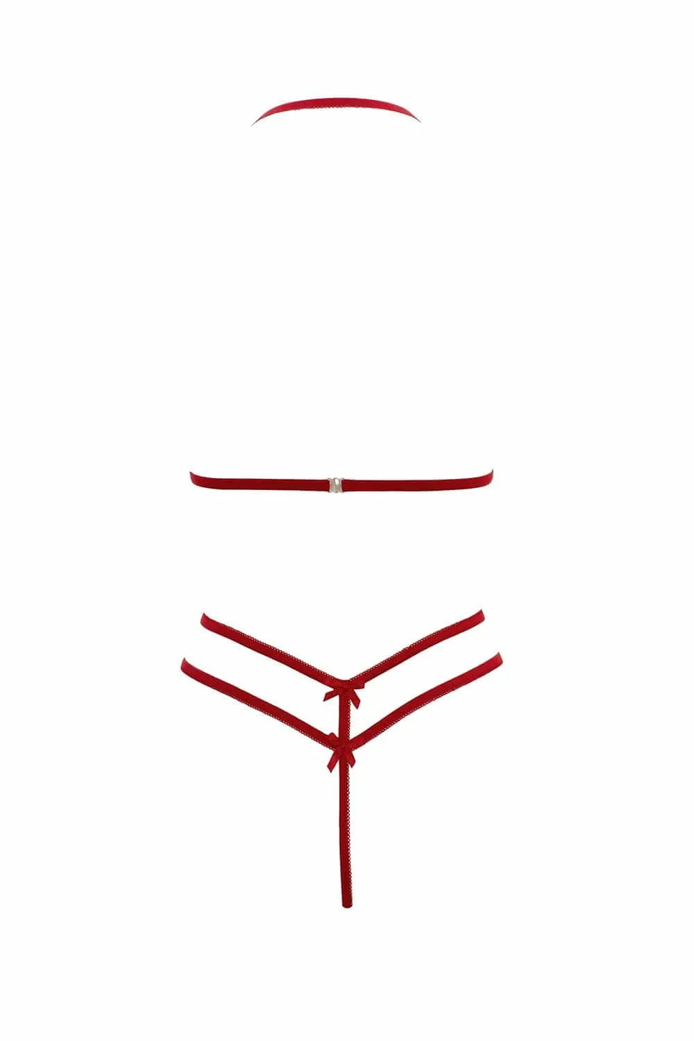 Ensemble lingerie rouge en dentelle florale avec soutien-gorge à bonnets ouverts et string ouvert à rubans satinés.