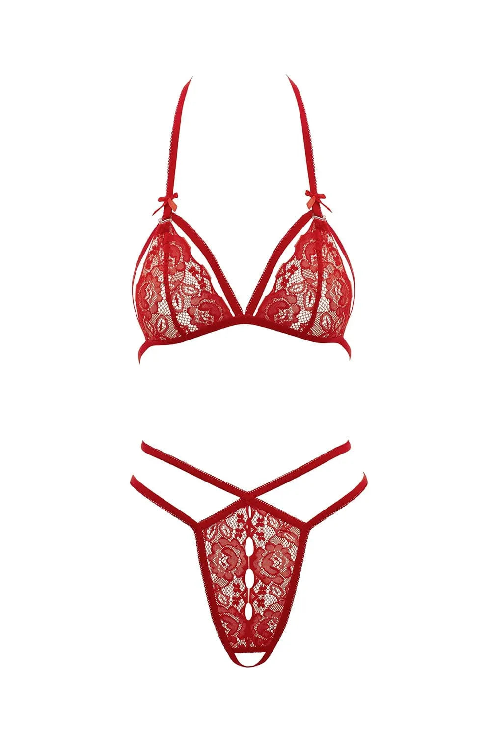 Ensemble lingerie rouge en dentelle florale avec soutien-gorge à bonnets ouverts et string ouvert à rubans satinés.