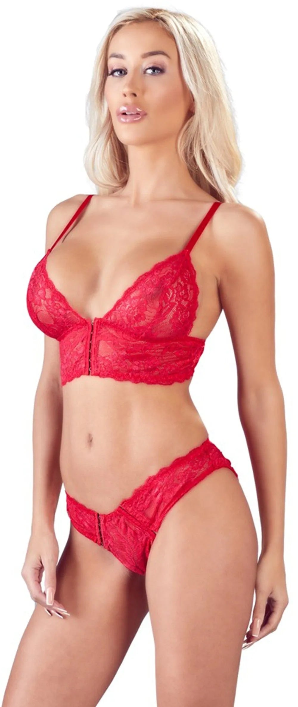 Ensemble lingerie rouge en dentelle florale, soutien-gorge et culotte haute avec fermetures-crochet, élégant et sexy.