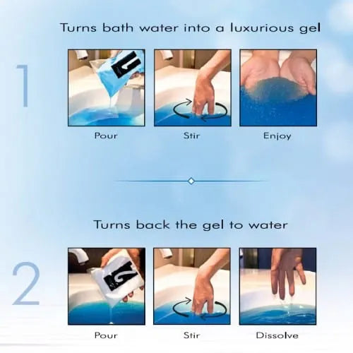 Sels de bain japonais hydratants parfum océanique, transformation en gelée luxueuse, étapes de dissolution illustrées.
