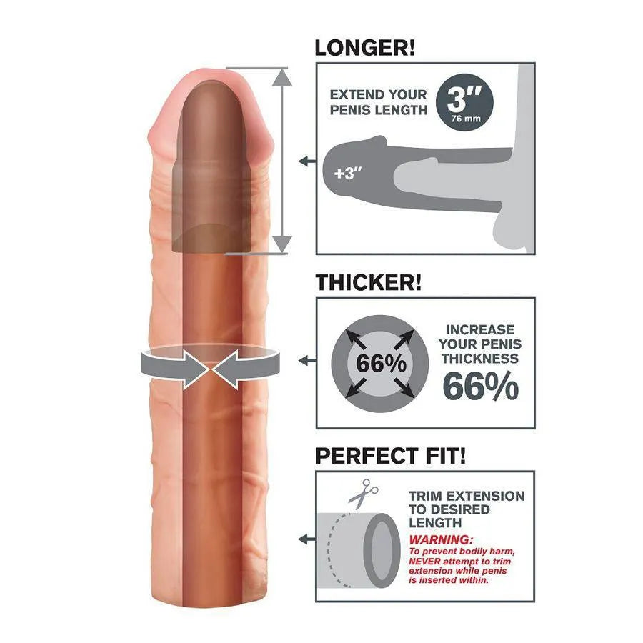 Extension pénienne réaliste Fanta Flesh, couleur chair, texture veinée, ajustable, amélioration longueur et épaisseur.