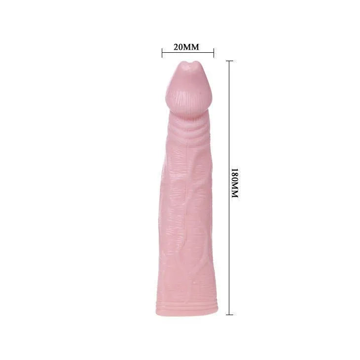 Extension pénis vibrante rose en TPR, 18 cm, texture réaliste, augmente la longueur de 33 %, intensifie les sensations.