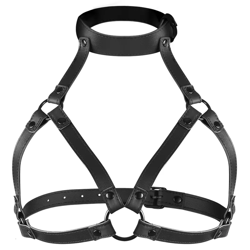 Harnais Bdsm Cuir Vegan Ajustable Poitrine Et Cou