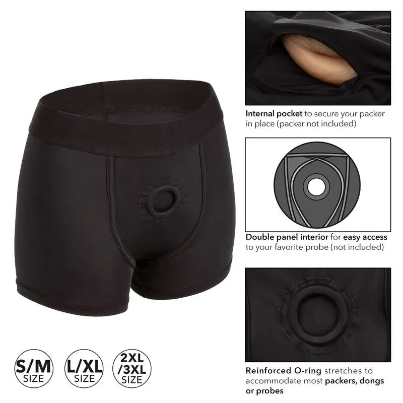 Boxer harnais noir avec poche interne et anneau renforcé, tissu extensible, ceinture large, tailles variées pour gode.