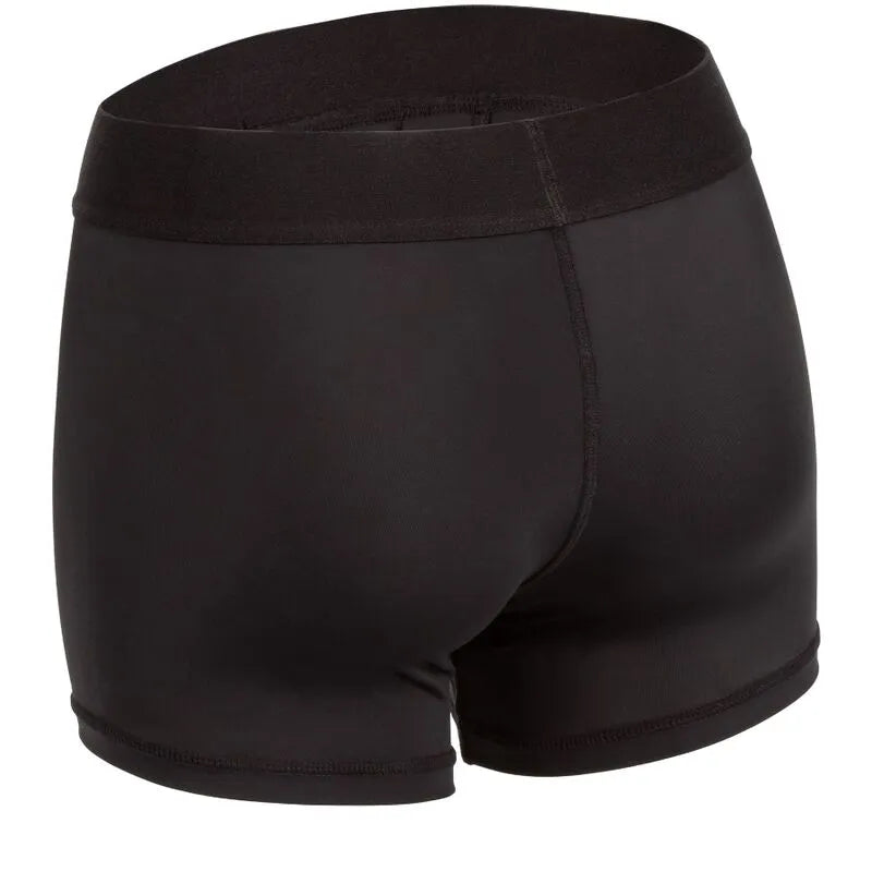 Boxer harnais noir extensible avec ceinture large, conçu pour confort et discrétion lors de l'utilisation d'accessoires in...