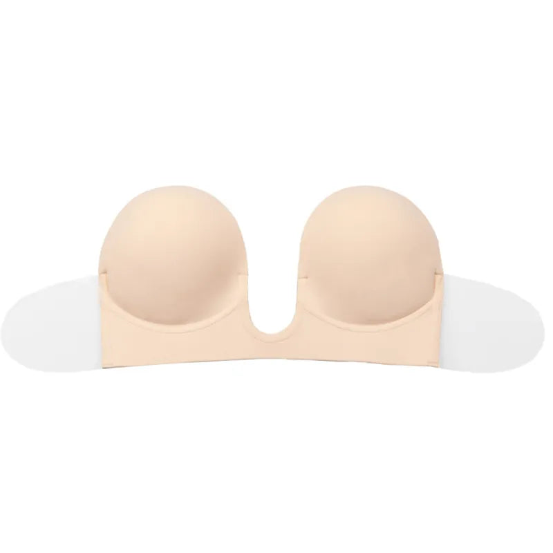 Soutien-gorge beige sans bretelles, style U, adhésif, idéal pour décolletés plongeants et dos nu, réutilisable.