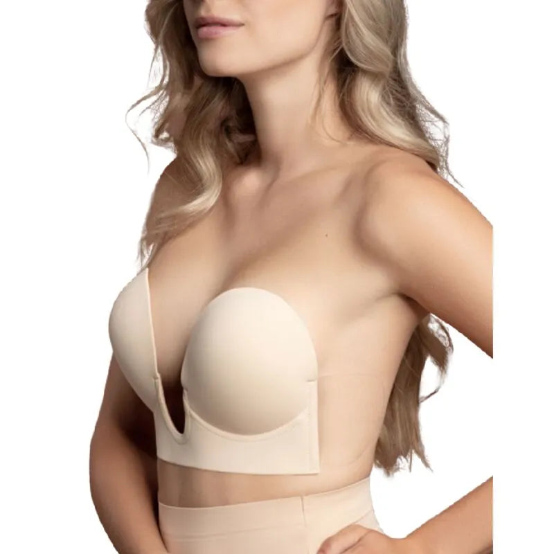 Soutien-gorge beige style U sans bretelles, adhésif, pour décolletés plongeants et dos nu, réutilisable jusqu'à 25 fois.