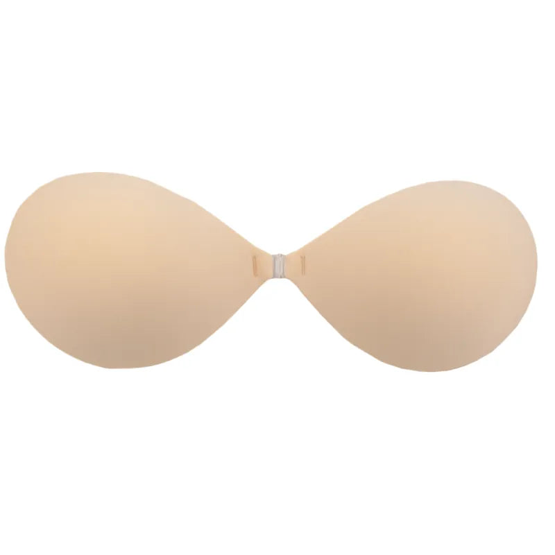 Soutien-gorge invisible beige, sans bretelles, forme lisse et adhésive, idéal pour tenues dos nu, réutilisable 50 fois.