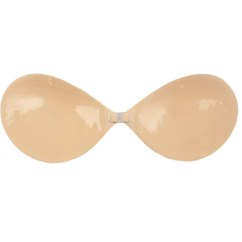 Soutien-gorge invisible beige sans bretelles, forme ergonomique, idéal pour tenues dos nu, réutilisable jusqu'à 50 fois.
