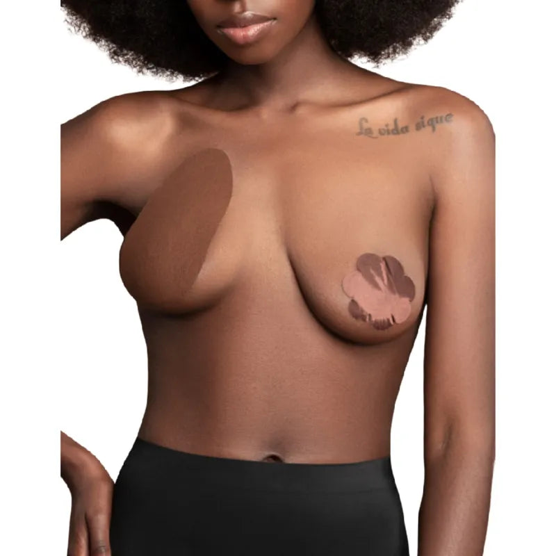 Coussinets de lifting seins Bye Bra brun satinés, coton 93%, adhésif durable, imperméables, respirants, dos nu.