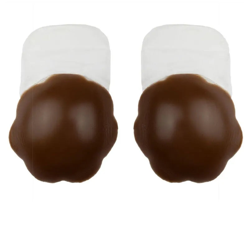 Élévateurs de poitrine en silicone brun Bye-Bra, forme arrondie, adhésifs réutilisables, pour tenues ouvertes.