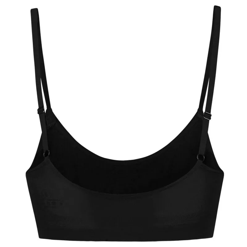 Soutien-gorge noir sans couture, contrôle moyen, bretelles ajustables, forme lisse, confort optimal, polyamide et élasthanne.