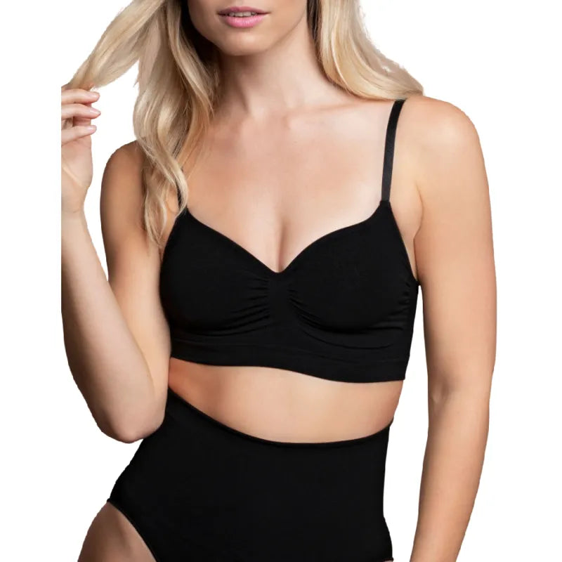 Soutien-gorge noir sans couture, contrôle moyen, bretelles fines, idéal pour confort et forme, 90% polyamide, 10% élasthanne.