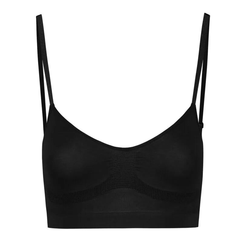 Soutien-gorge noir sans couture, contrôle moyen, bretelles fines, forme lisse, confort optimal, 90% polyamide, 10% élastha...
