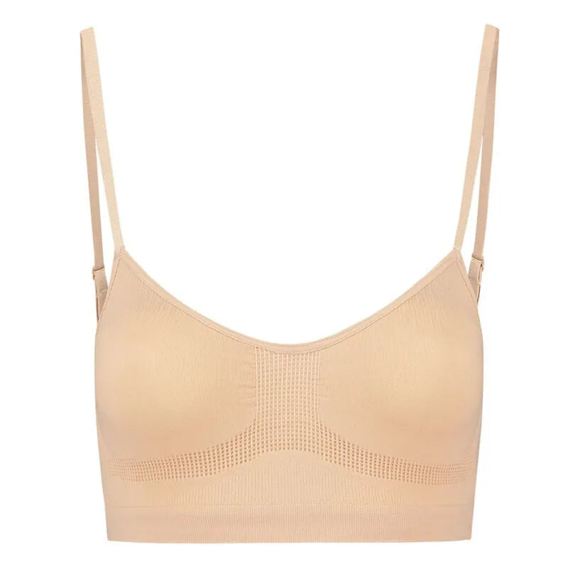 Soutien-gorge beige sans couture, contrôle moyen, bretelles fines, tissu lisse, idéal pour confort et mise en forme quotid...