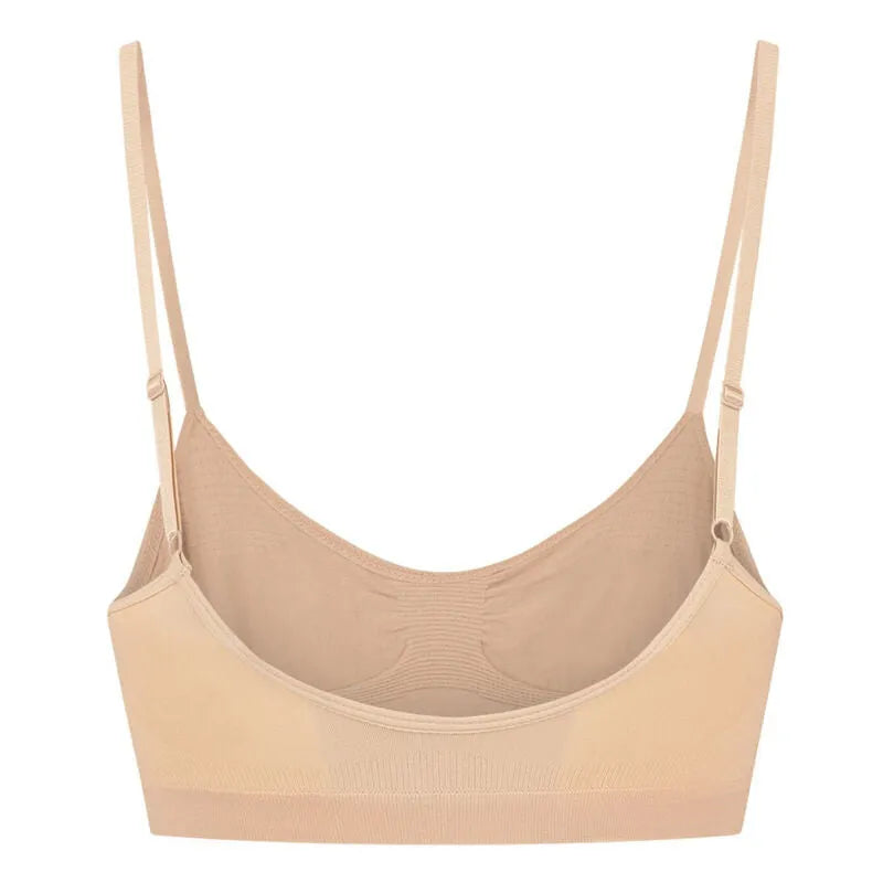 Soutien-gorge beige sans couture, contrôle moyen, bretelles ajustables, forme lisse, confort optimal, 90% polyamide.