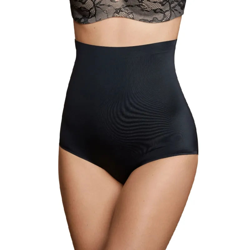 Culotte taille haute noire, sans couture, invisible sous vêtements moulants, en polyamide et élasthanne, confort optimal.