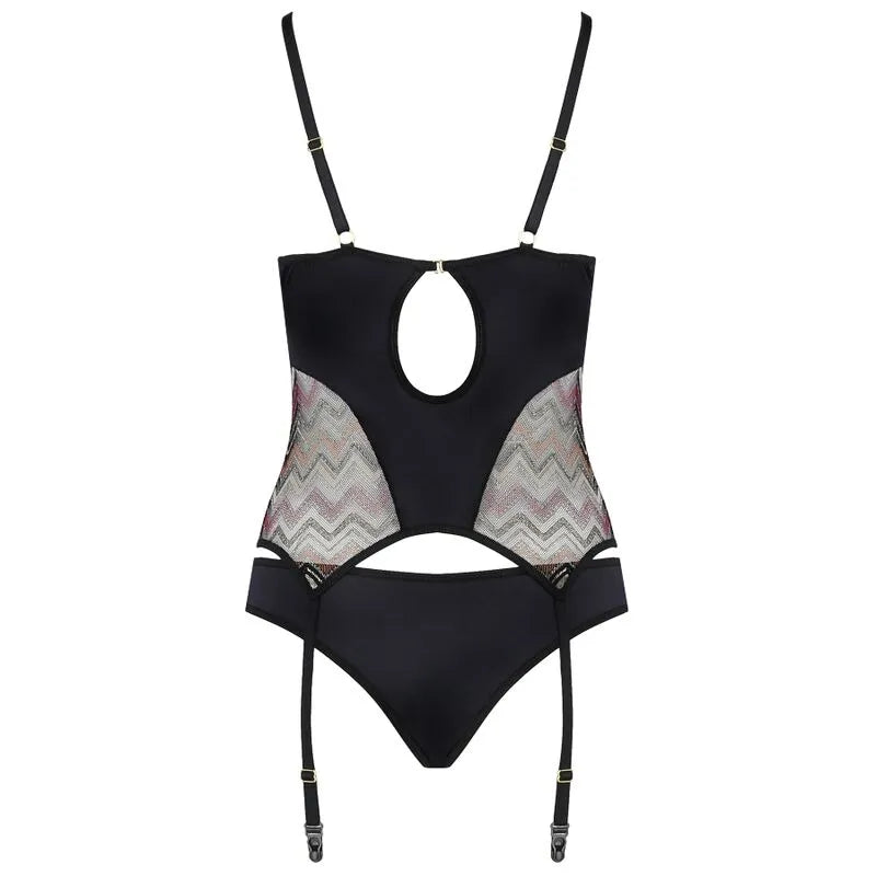 Corset noir Lagerta Casmir, design élégant, dentelle transparente, bretelles réglables, matière élastique, haute lingerie.