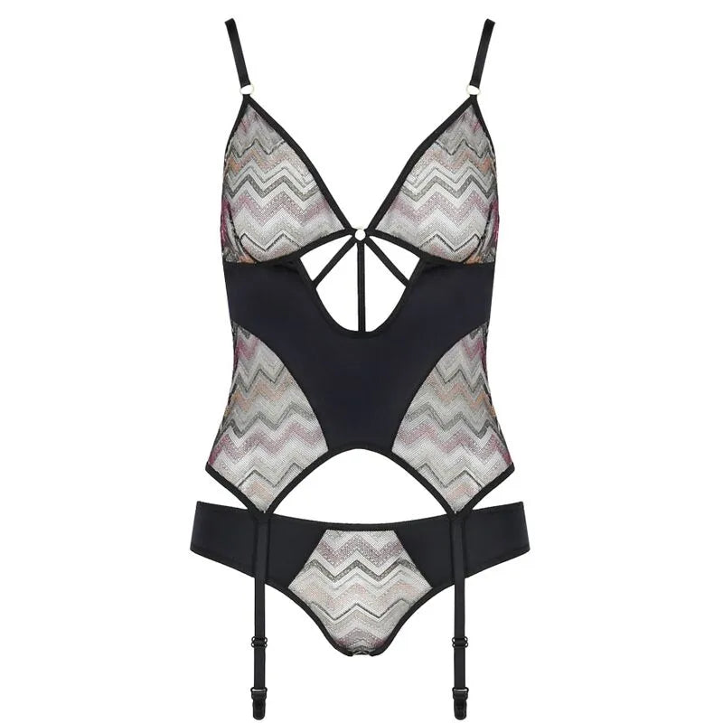 Corset Lagerta noir et dentelle, design élégant, bretelles réglables, tissu élastique, haute lingerie Casmir.