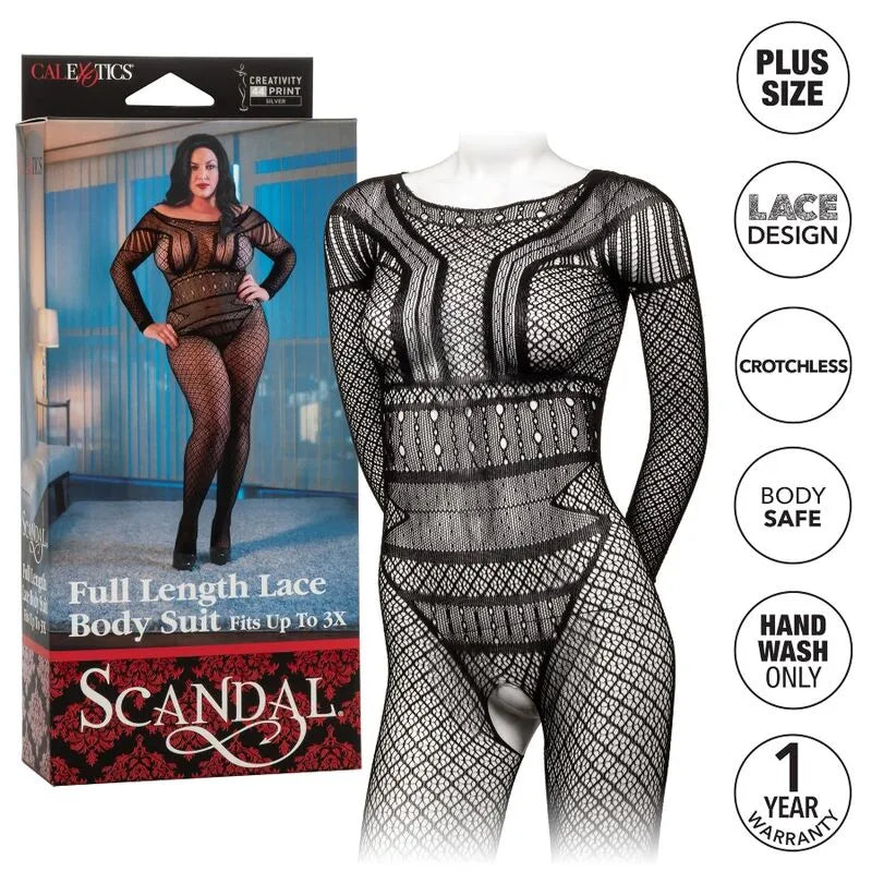 Body dentelle noire grande taille sans entrejambe, maille respirante, design séduisant, mannequin et boîte en arrière-plan.